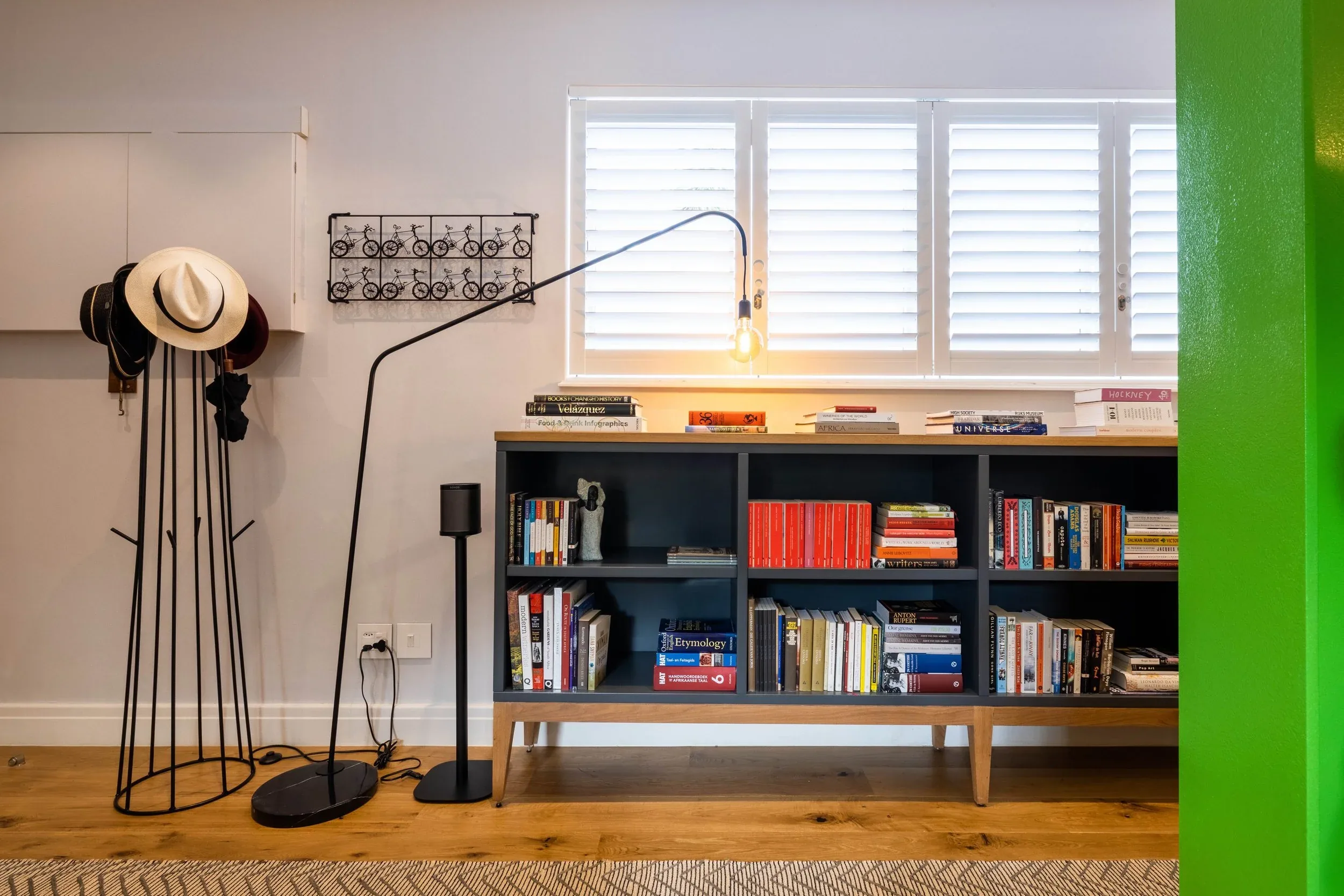 The living room, with books and a place to sit
