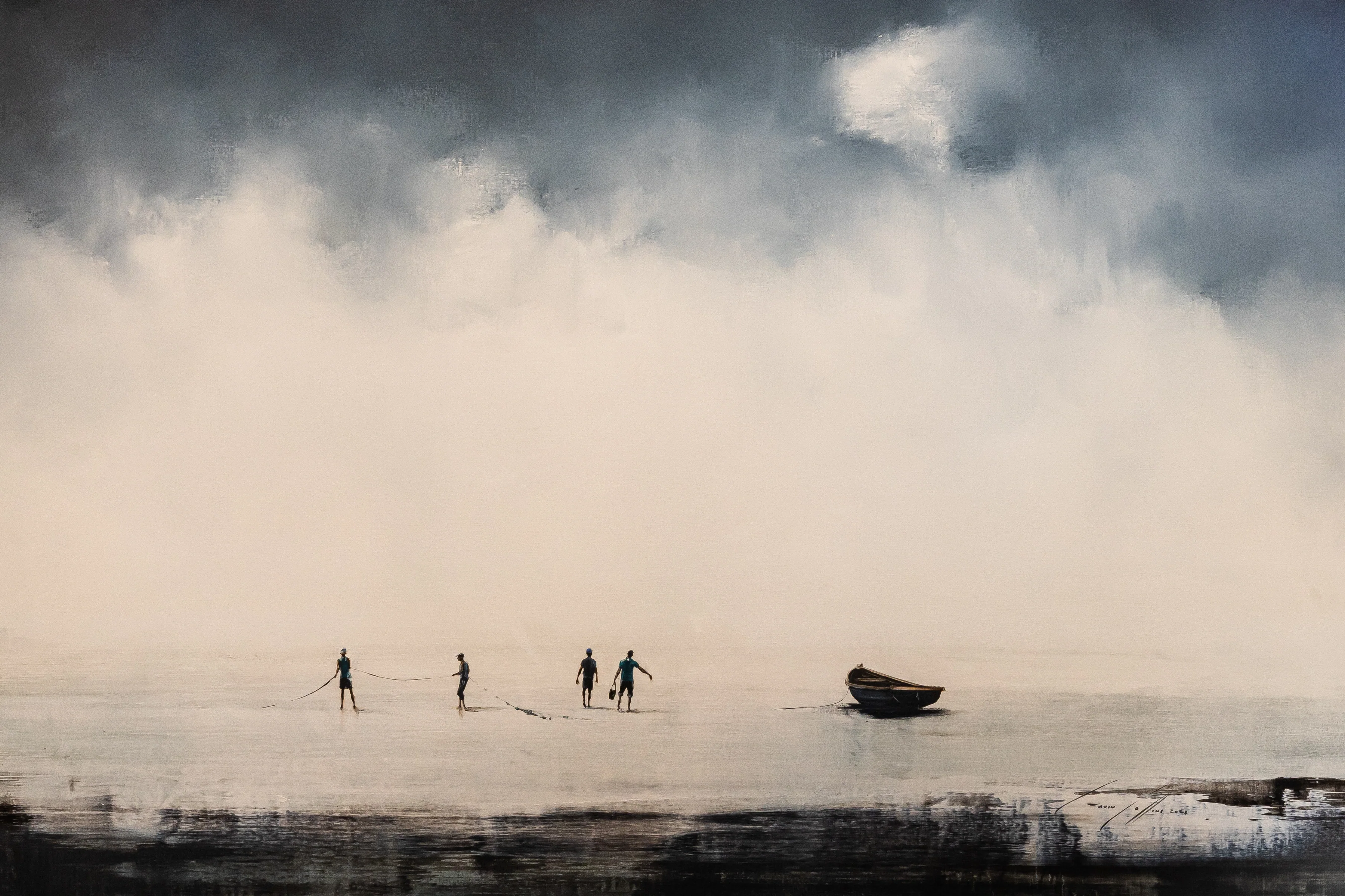 The painting in the living room: figures hauling nets on a misty shore
