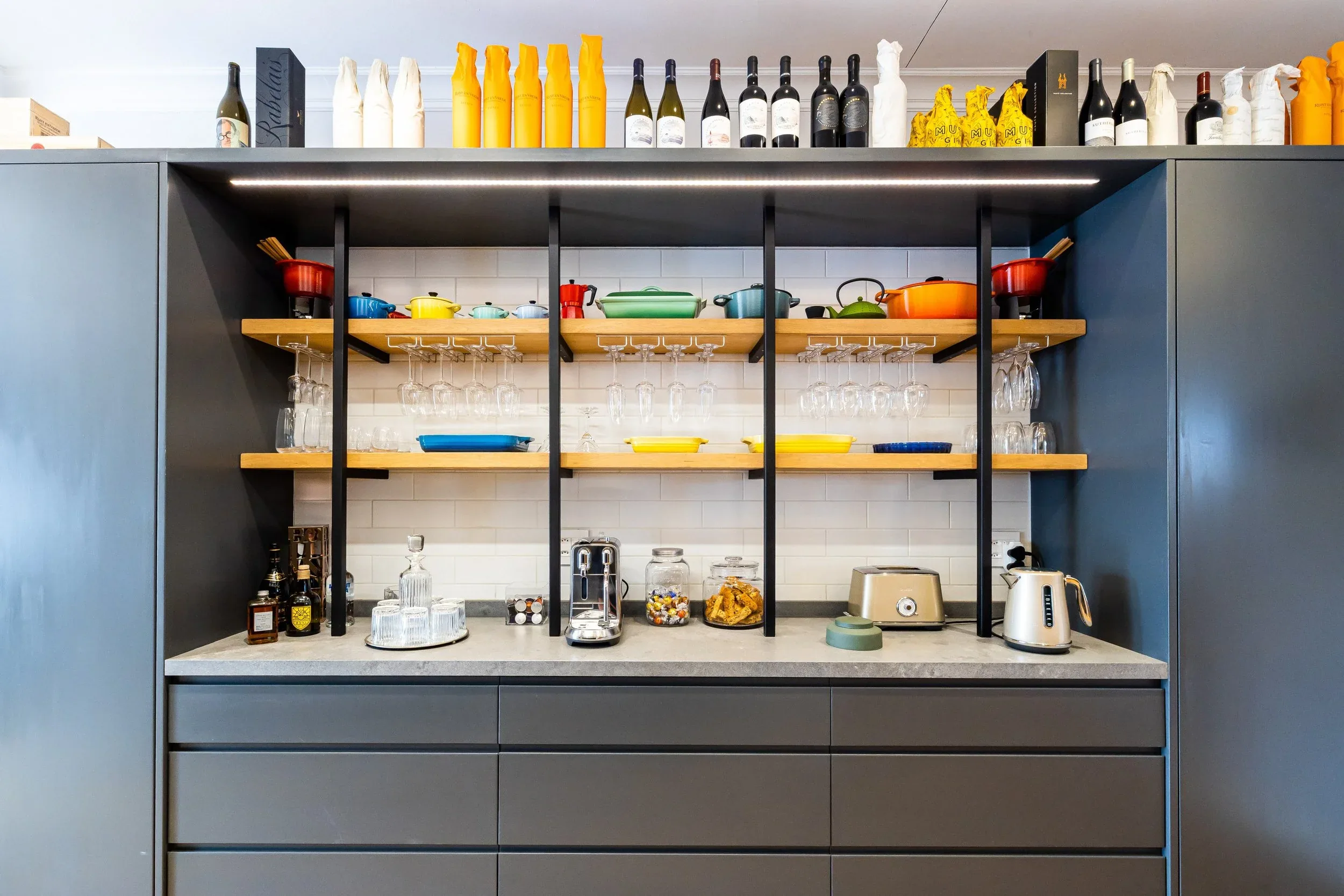 The stocked pantry shelves